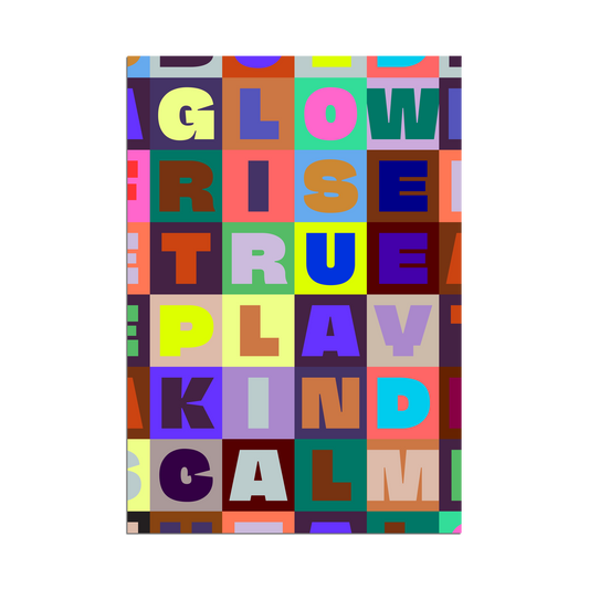 Modern art print with bold geometric blocks and uplifting typography in pastel and vibrant colors arranged in a grid pattern.