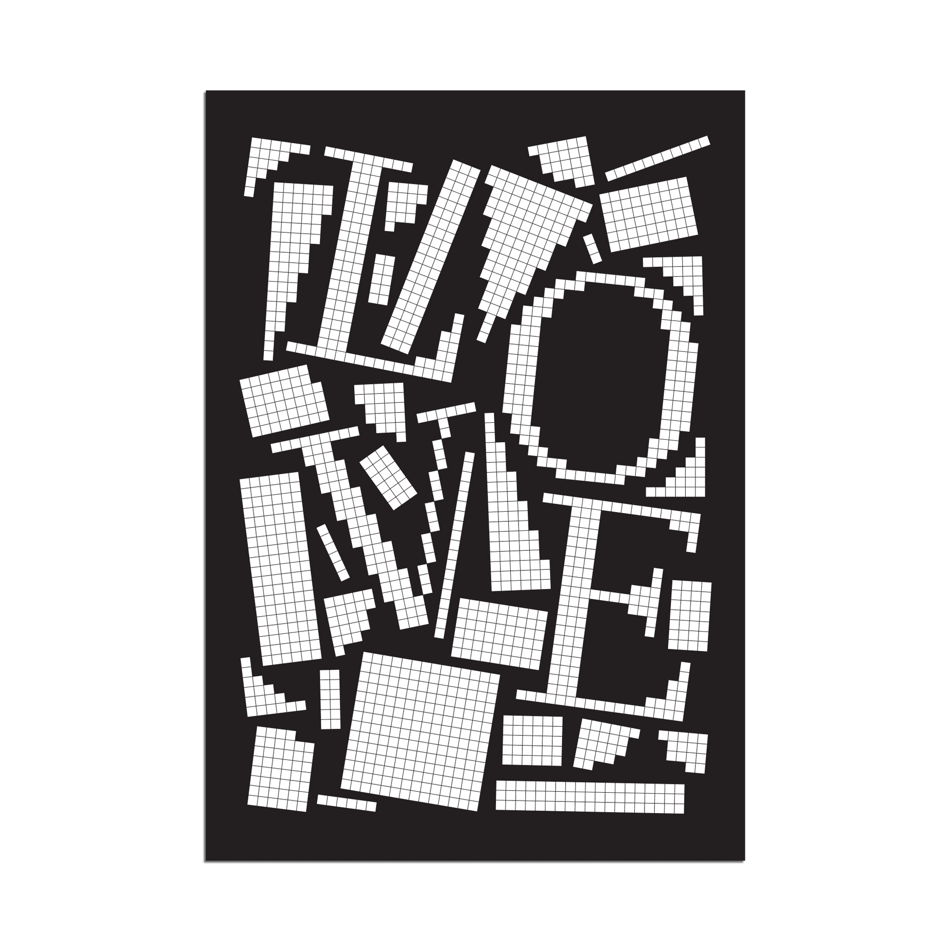White pixel grid typography poster spelling LOVE on a black background, modern geometric design.