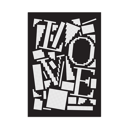 White pixel grid typography poster spelling LOVE on a black background, modern geometric design.