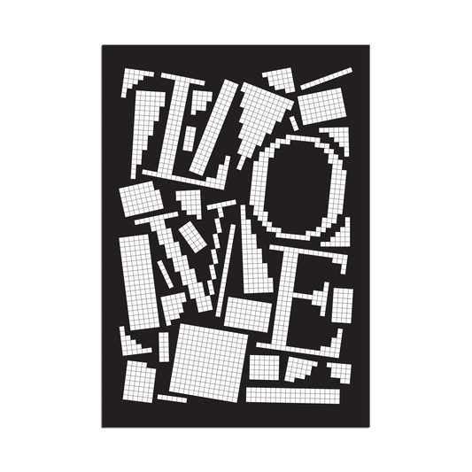White pixel grid typography poster spelling LOVE on a black background, modern geometric design.