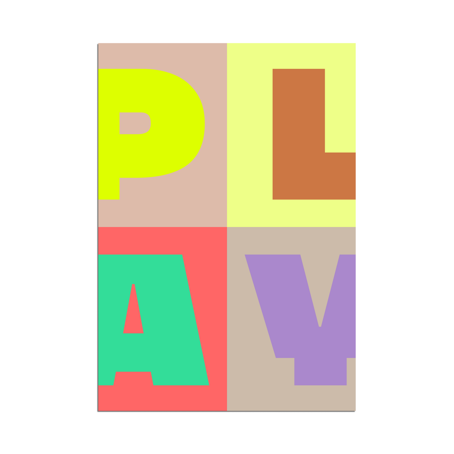 Modern PLAY typography poster with large bold letters in lime, tan, coral, and violet geometric color blocks arranged in a grid.