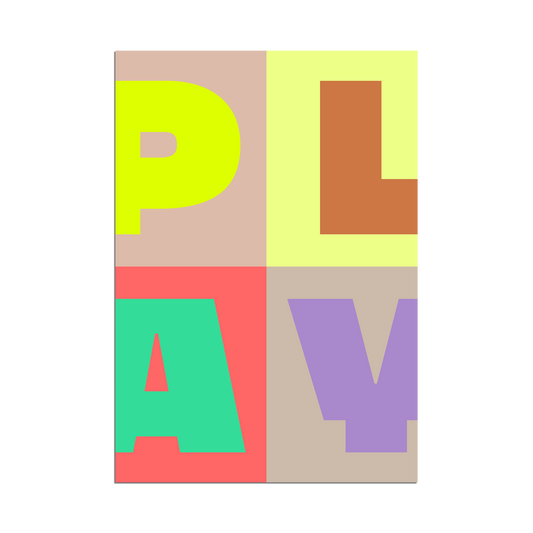 Modern PLAY typography poster with large bold letters in lime, tan, coral, and violet geometric color blocks arranged in a grid.