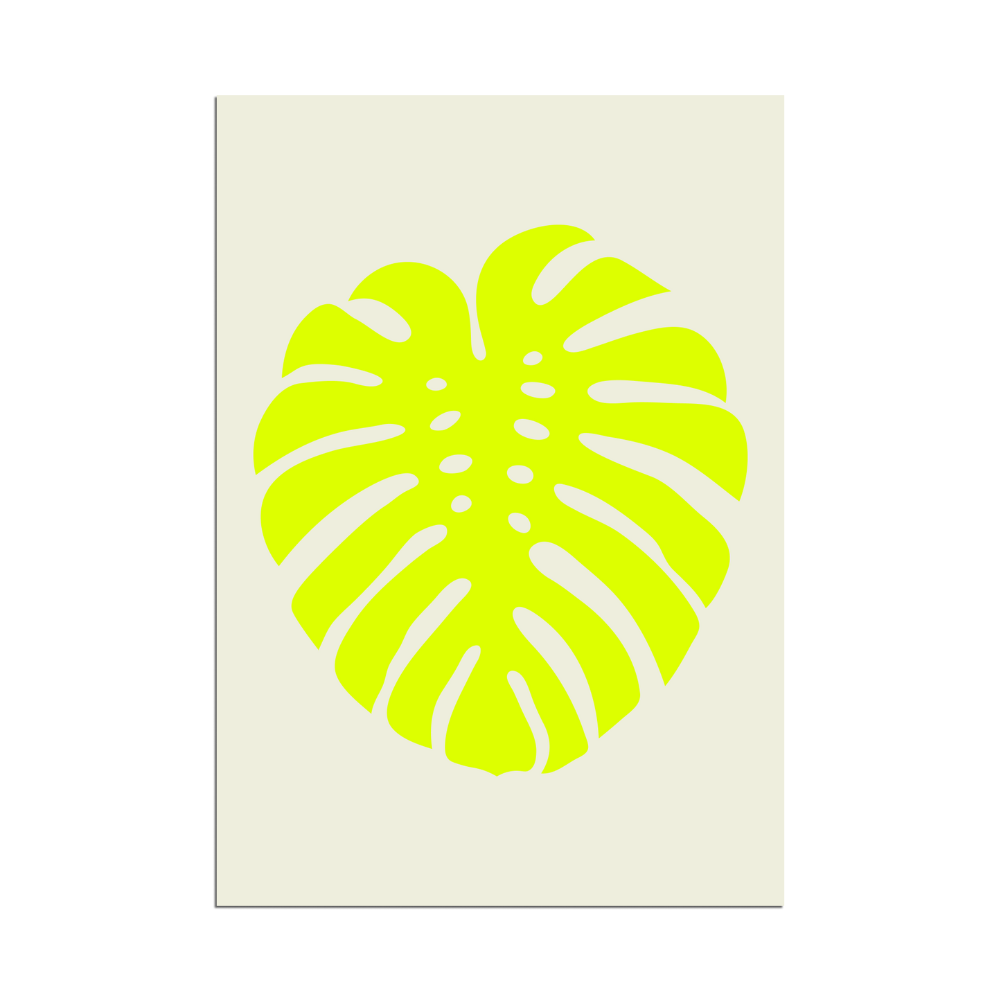 Neon yellow-green monstera leaf poster with minimal botanical silhouette on a neutral white background.