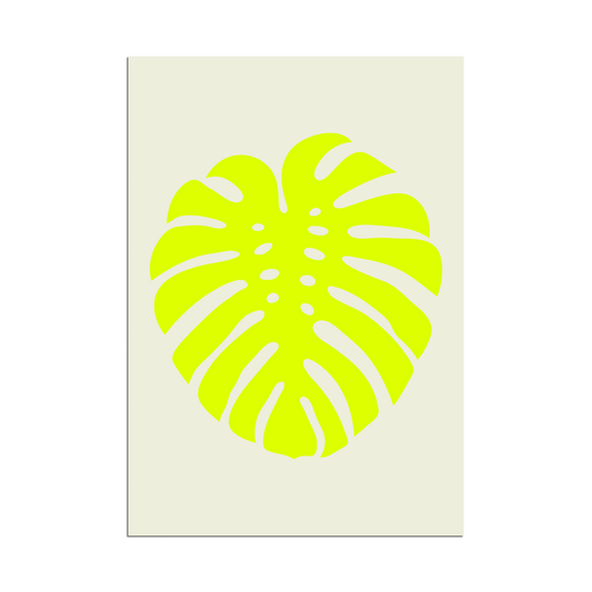 Neon yellow-green monstera leaf poster with minimal botanical silhouette on a neutral white background.