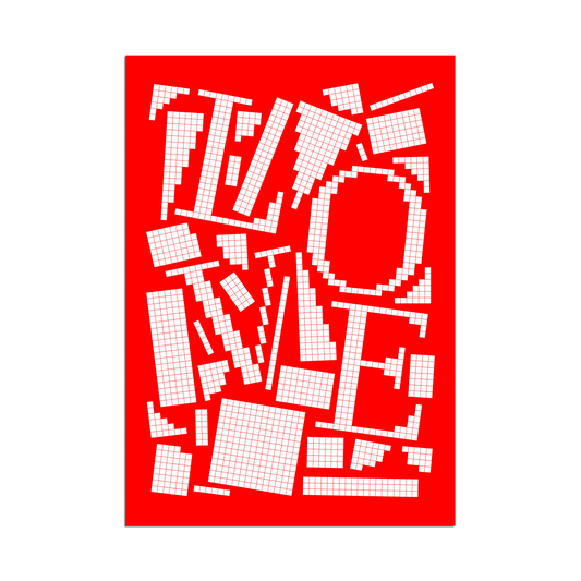 White pixel grid typography poster spelling LOVE on a bold red background, graphic and modern art design.