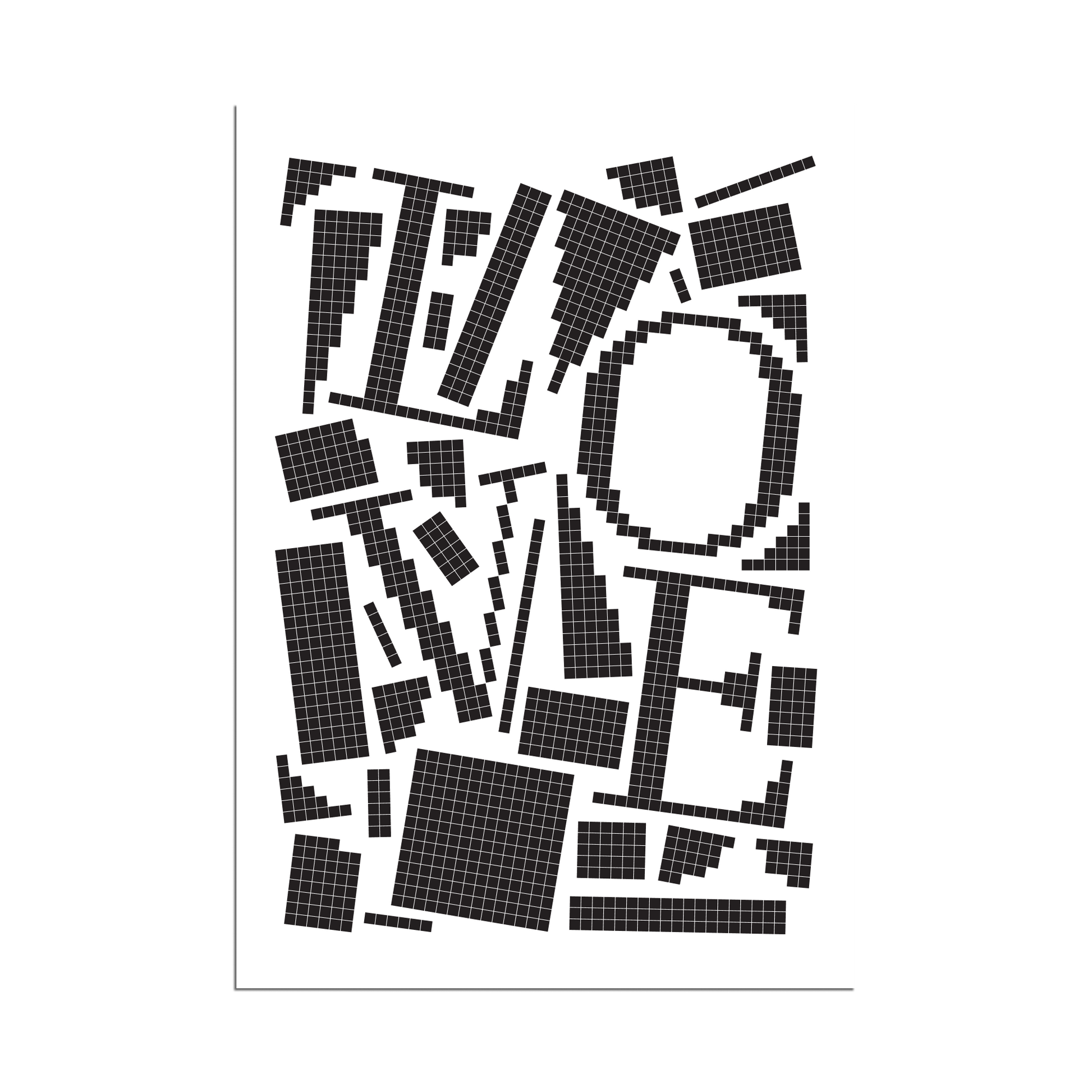 Black pixel grid typography poster spelling LOVE on a white background, bold and modern design.