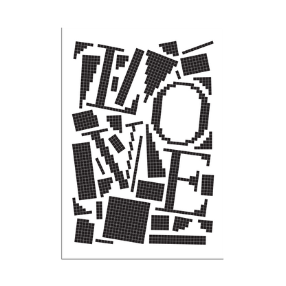 Black pixel grid typography poster spelling LOVE on a white background, bold and modern design.