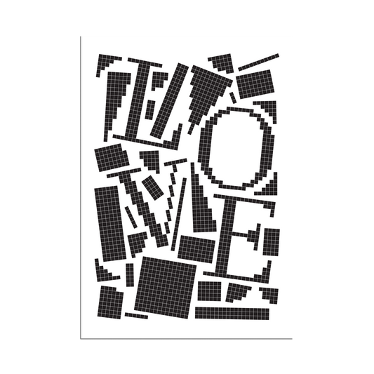 Black pixel grid typography poster spelling LOVE on a white background, bold and modern design.