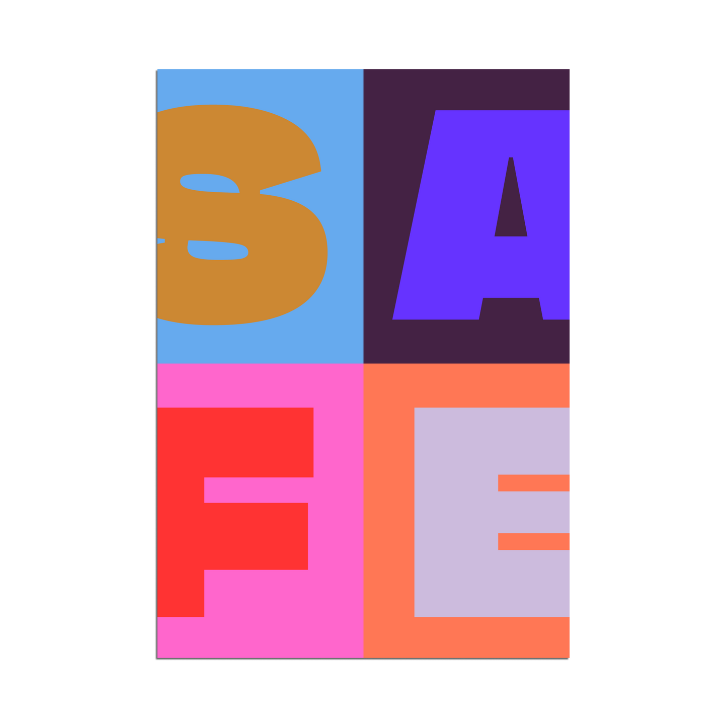 Bold SAFE typography on a modern geometric grid with color blocks of blue, plum, pink, and orange.
