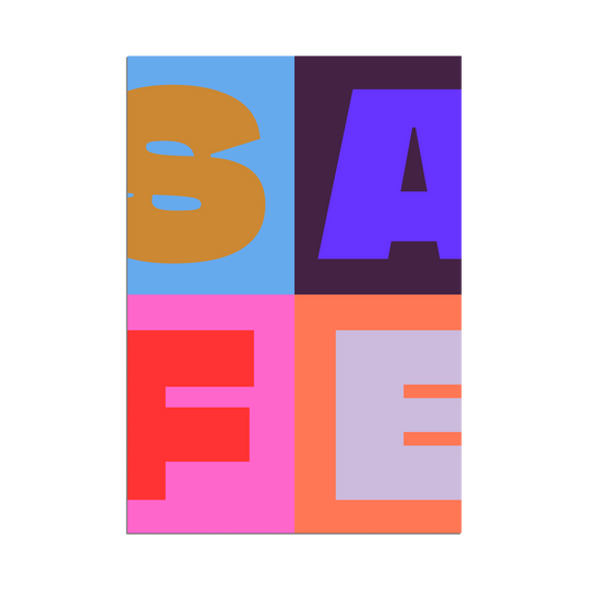 Bold SAFE typography on a modern geometric grid with color blocks of blue, plum, pink, and orange.