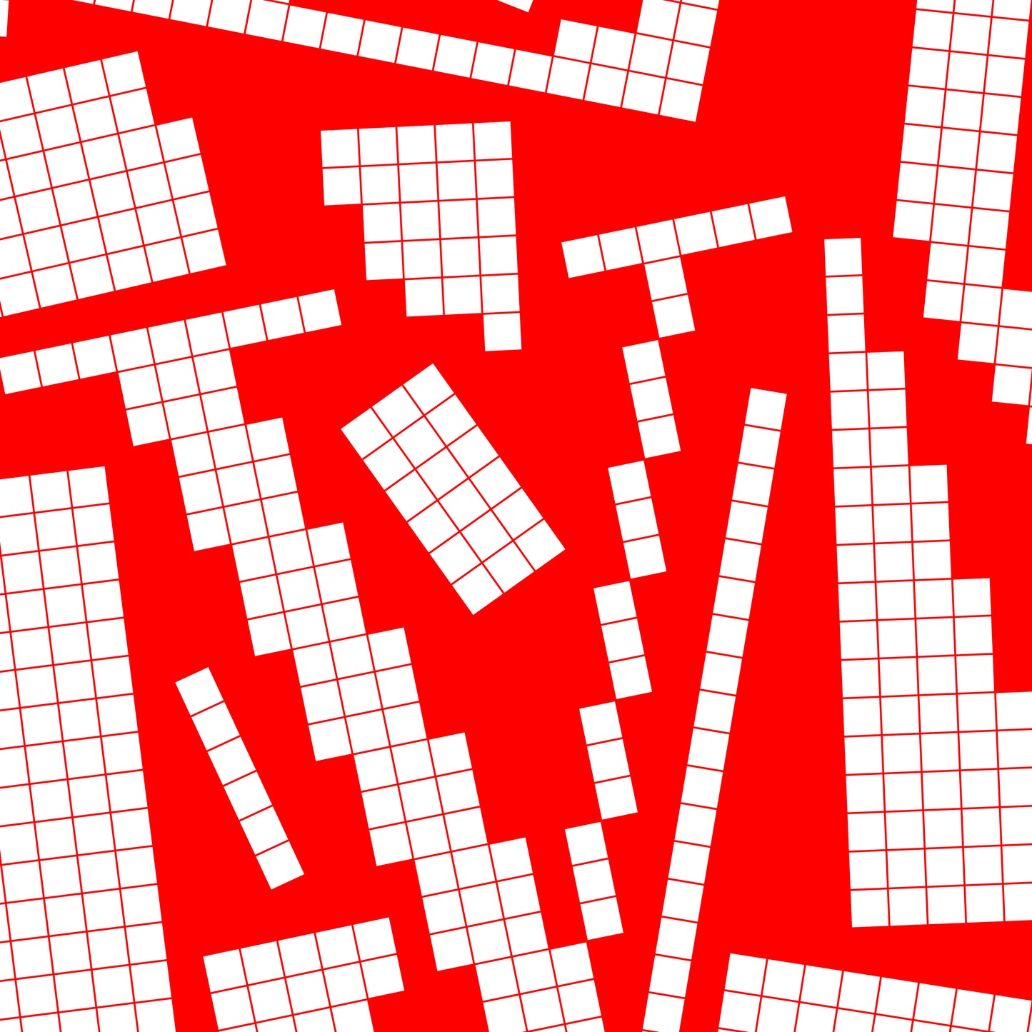 Close-up of a white pixel grid typography poster spelling LOVE on a bold red background, graphic and modern art design.
