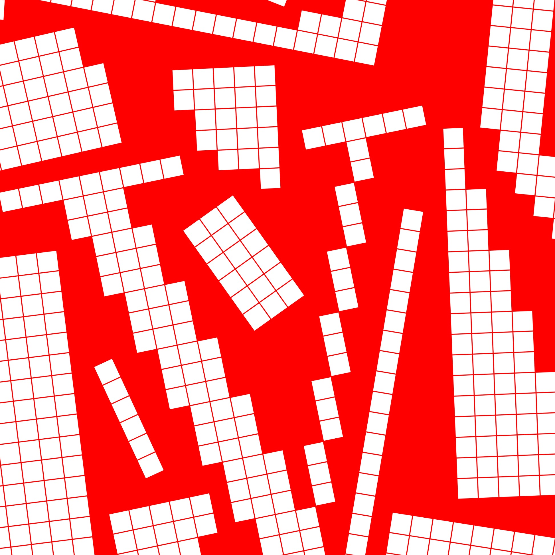 Close-up of a white pixel grid typography poster spelling LOVE on a bold red background, graphic and modern art design.
