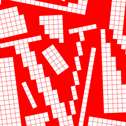 Close-up of a white pixel grid typography poster spelling LOVE on a bold red background, graphic and modern art design.
