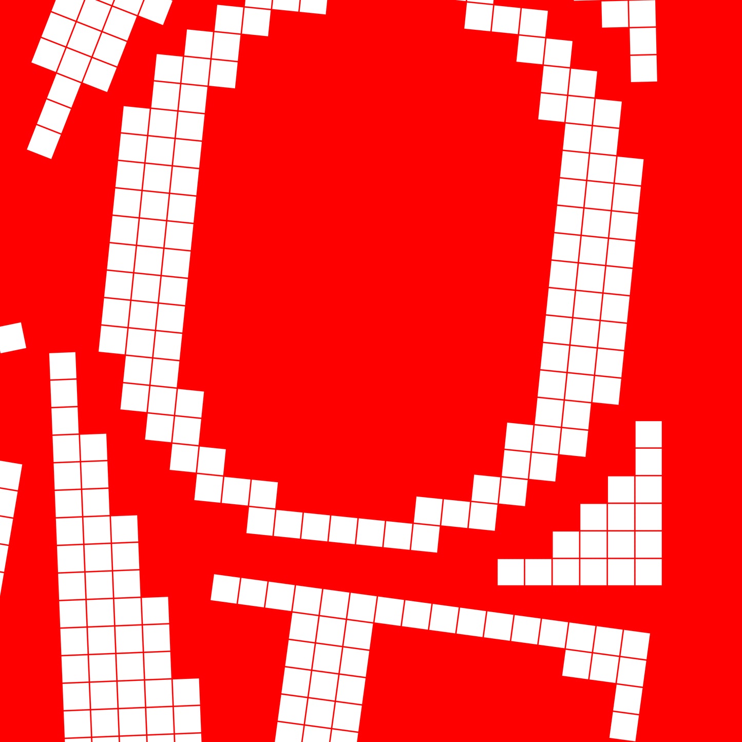 Close-up of a white pixel grid typography poster spelling LOVE on a bold red background, graphic and modern art design.