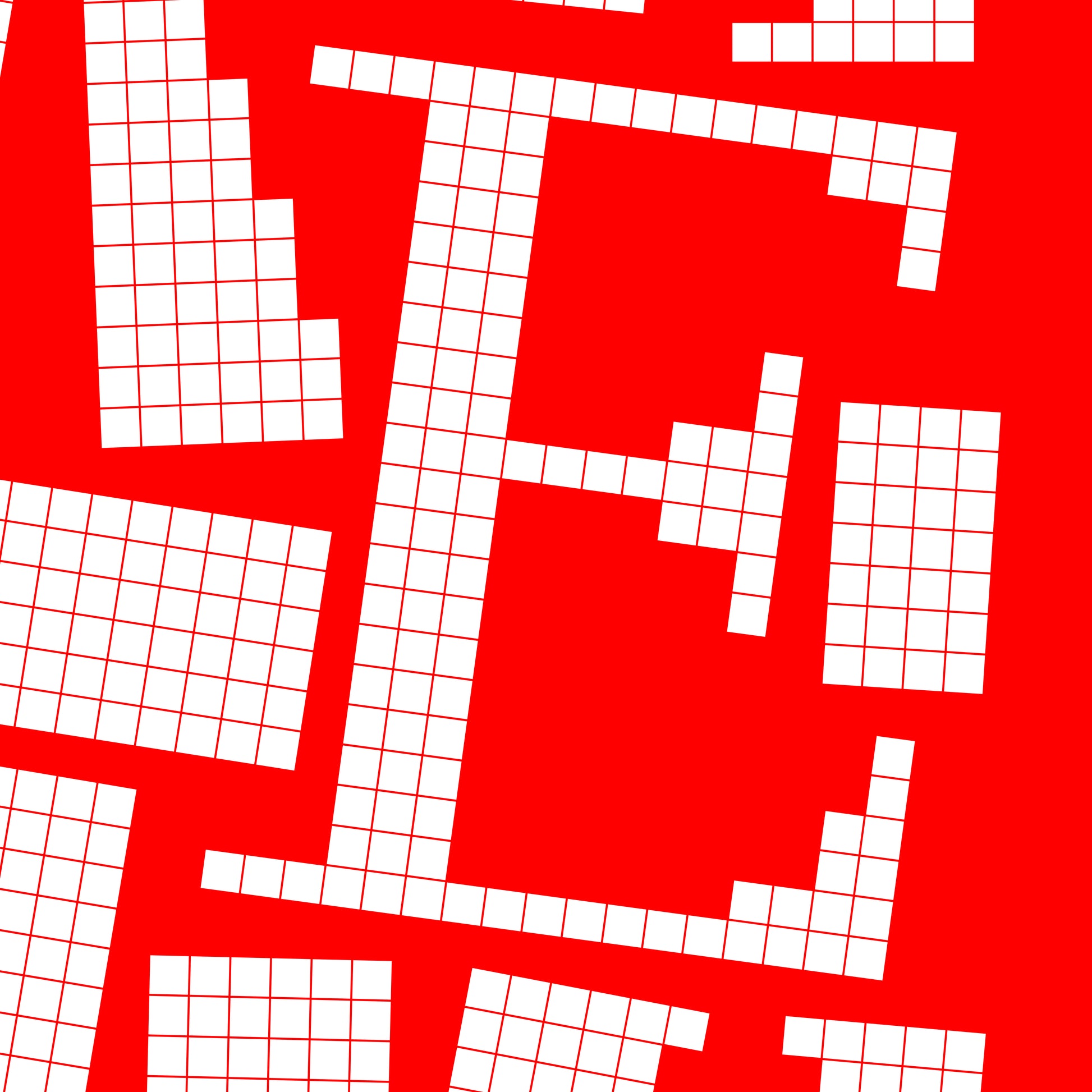 Close-up of a white pixel grid typography poster spelling LOVE on a bold red background, graphic and modern art design.