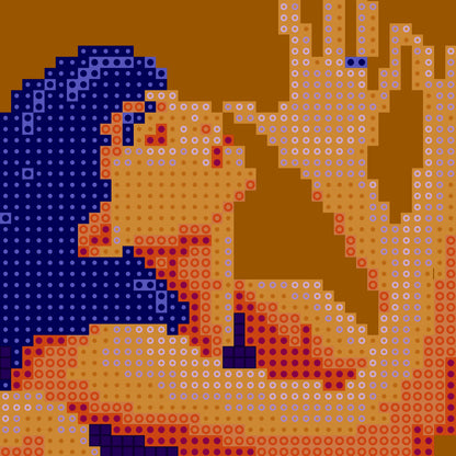 Close-up of a pixel art poster of a seated woman with blue hair and neon yellow socks on a warm brown background.