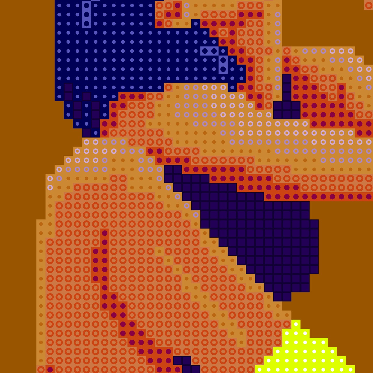 Close-up of a pixel art poster of a seated woman with blue hair and neon yellow socks on a warm brown background.