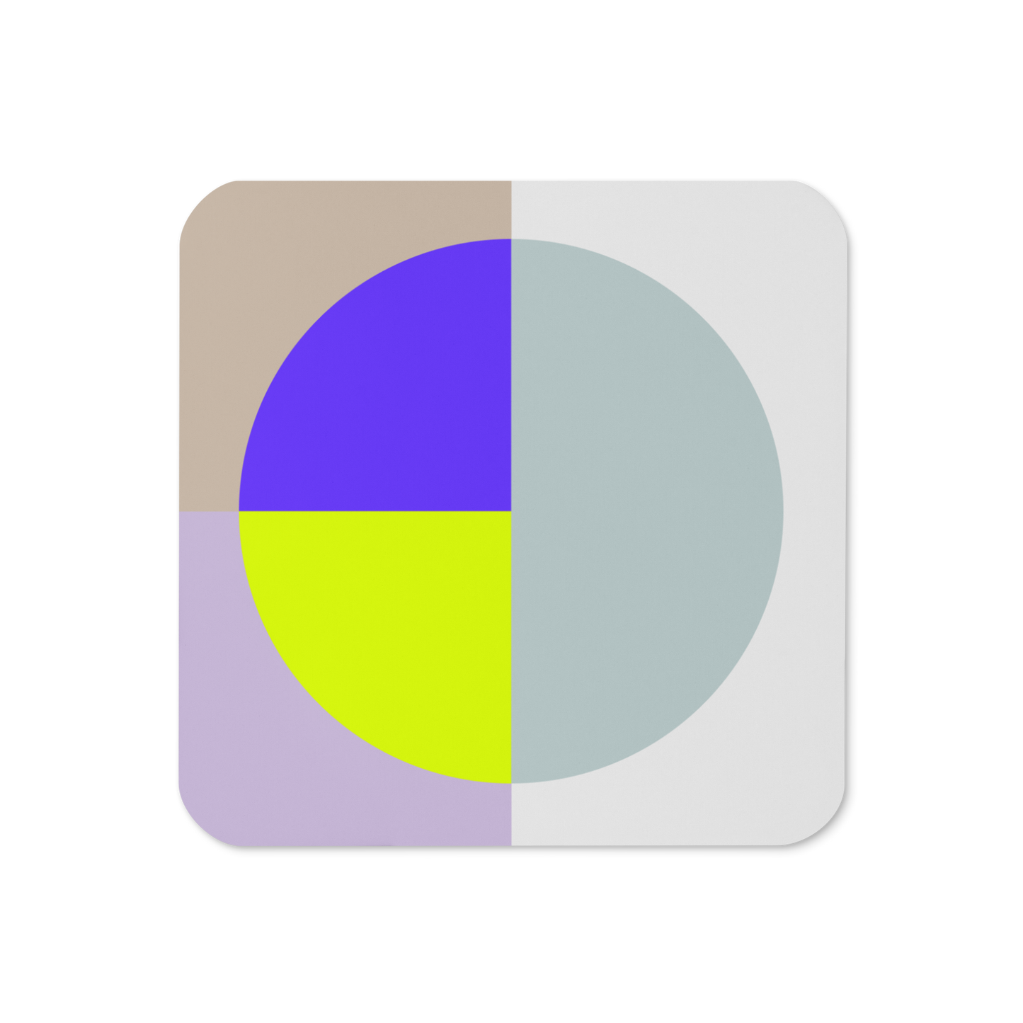 Modern cork-back coaster with geometric circle color block in pastel and bold tones on a neutral background.