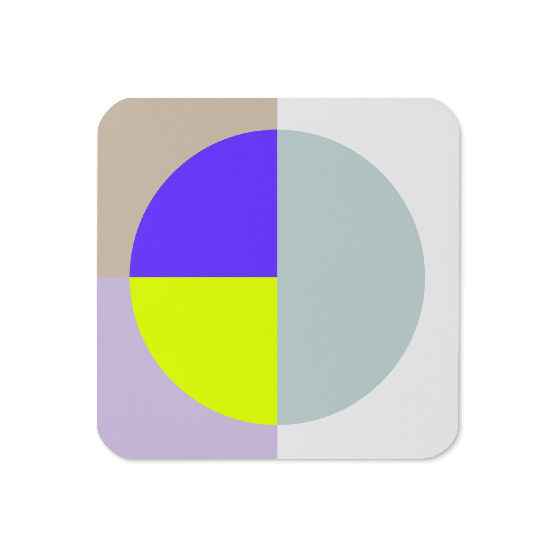 Modern cork-back coaster with geometric circle color block in pastel and bold tones on a neutral background.