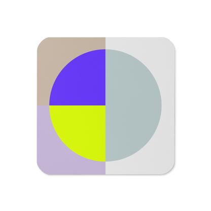 Modern cork-back coaster with geometric circle color block in pastel and bold tones on a neutral background.