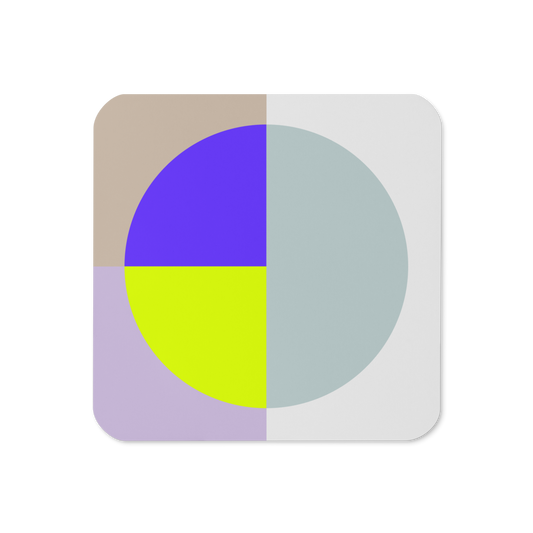 Modern cork-back coaster with geometric circle color block in pastel and bold tones on a neutral background.