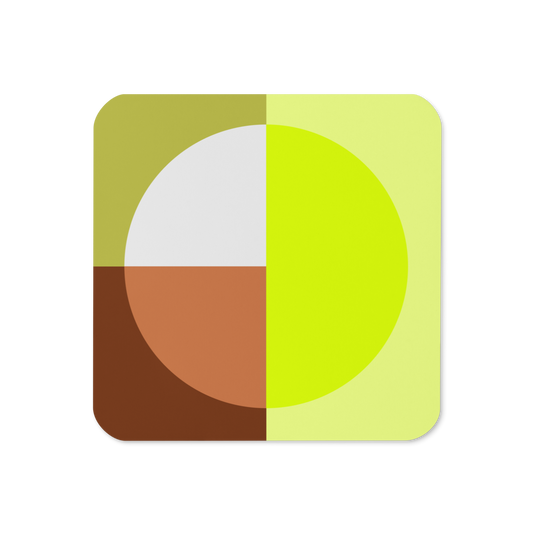 Geometric cork-back coaster with olive green, lemon yellow, light gray, and rust orange color block modern circle design.