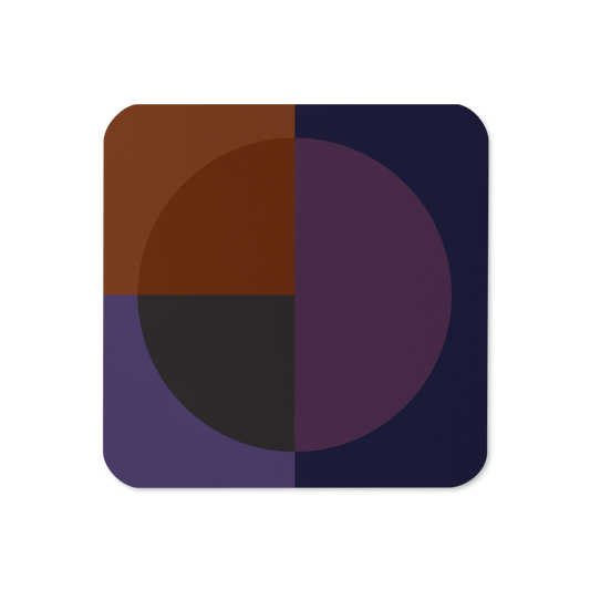 Geometric cork-back coaster with deep brown, indigo, slate gray, and burgundy color block modern circle design.