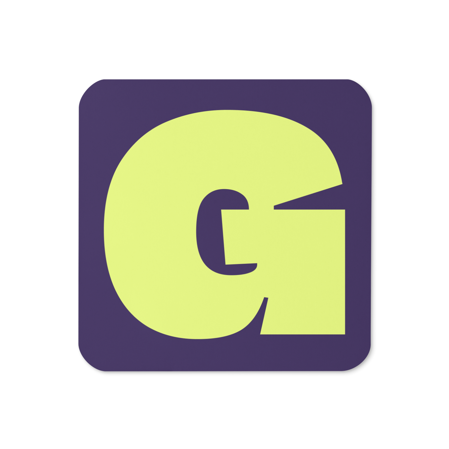 Cork-back coaster with a bold neon yellow fat font G letter on a deep violet background, graphic modern design.