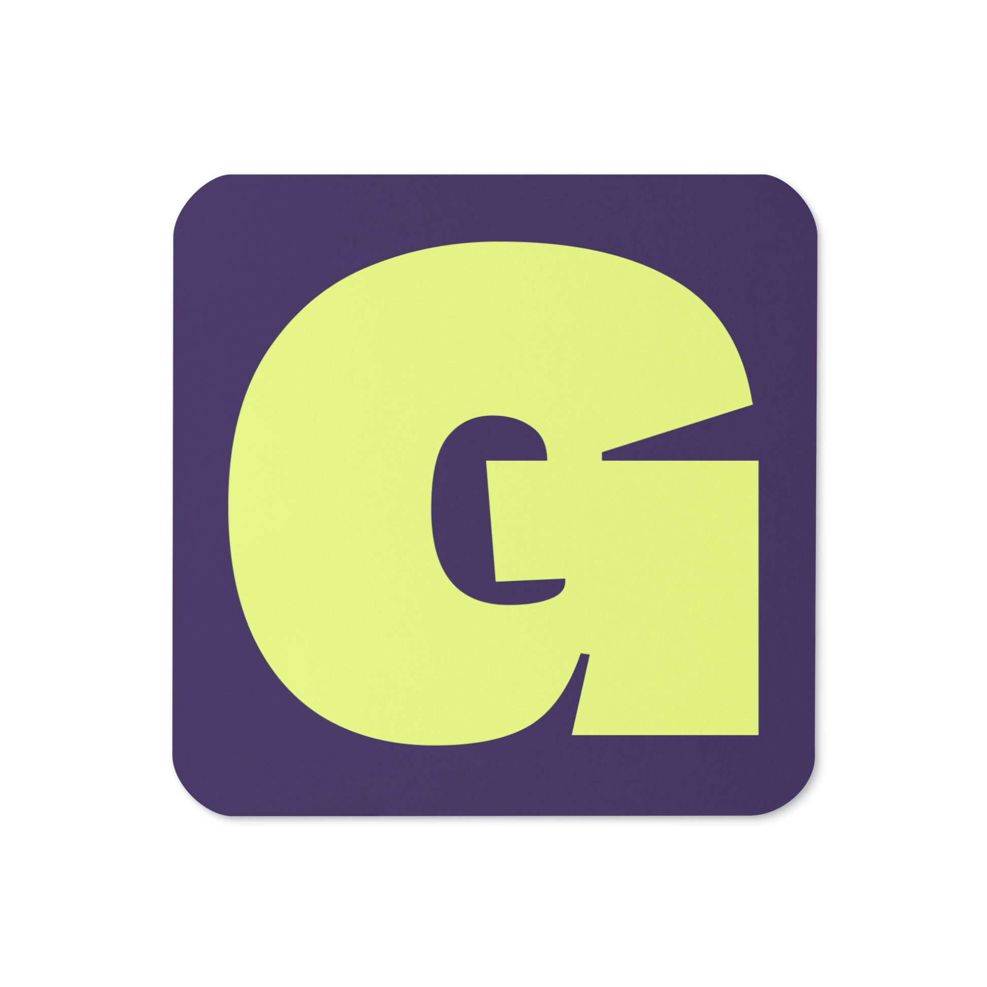 Cork-back coaster with a bold neon yellow fat font G letter on a deep violet background, graphic modern design.