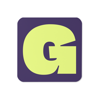 Cork-back coaster with a bold neon yellow fat font G letter on a deep violet background, graphic modern design.