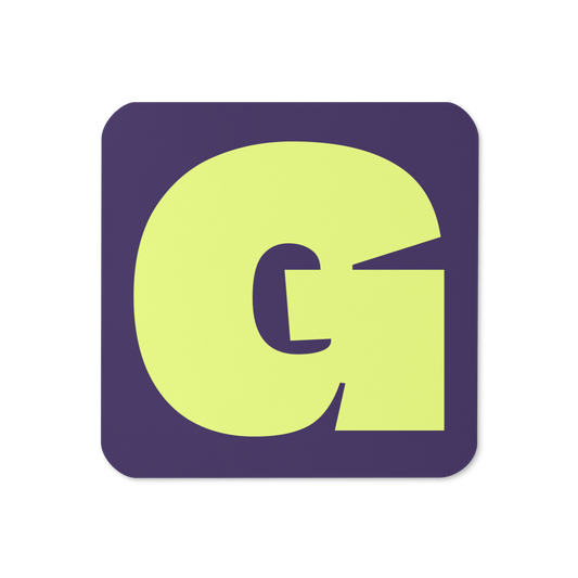 Cork-back coaster with a bold neon yellow fat font G letter on a deep violet background, graphic modern design.