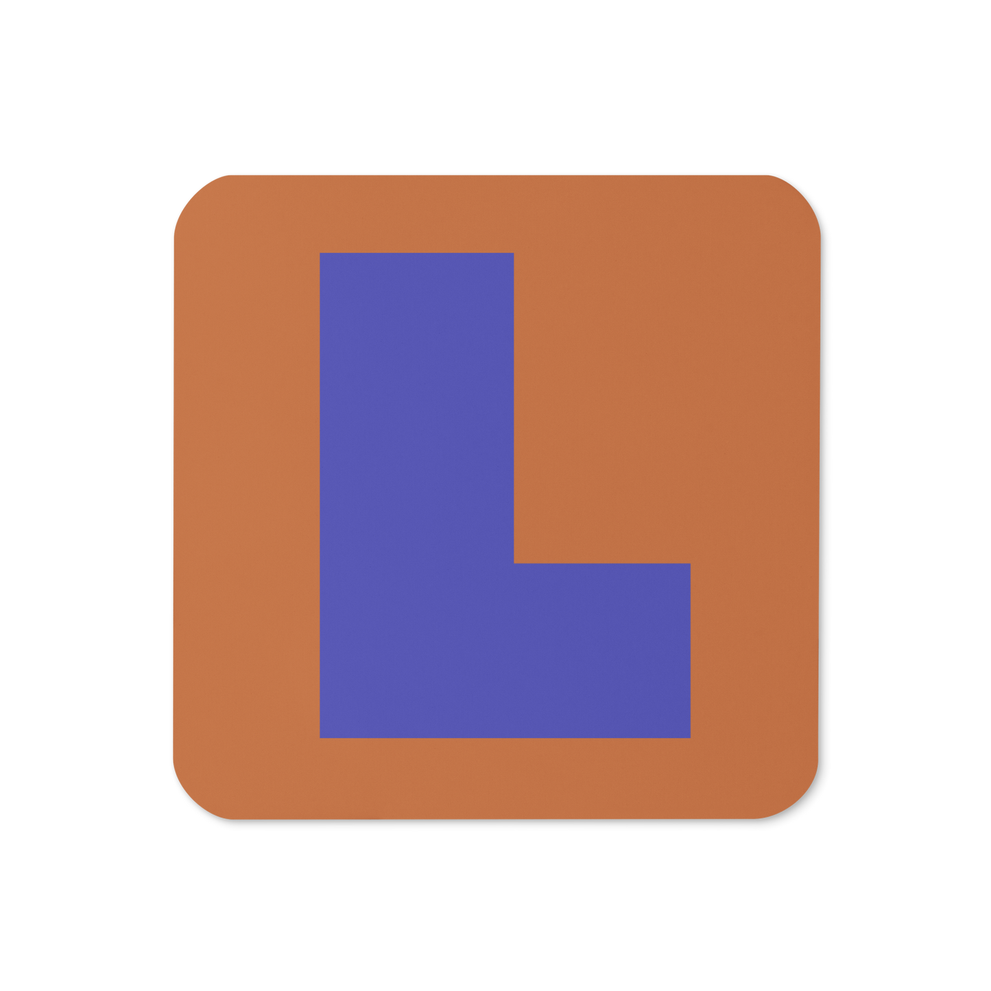Cork-back coaster with a bold blue violet fat font L letter on a warm orange background, graphic modern design.
