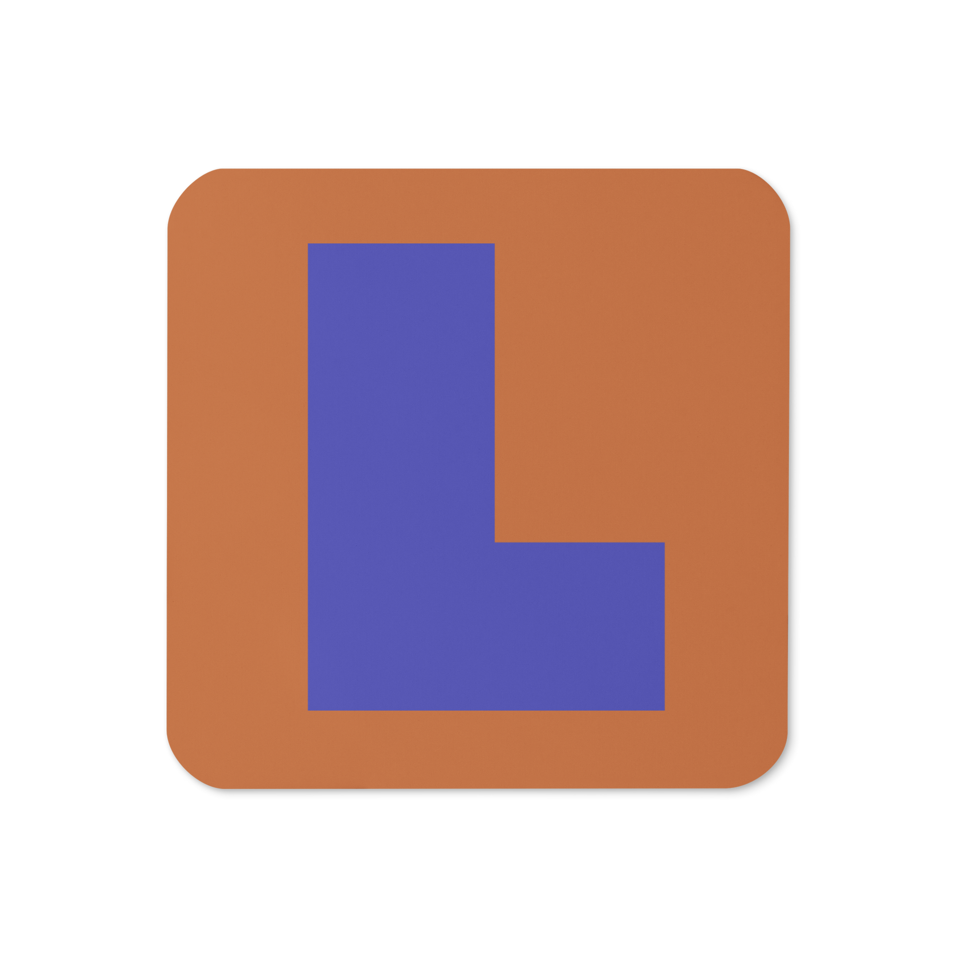 Cork-back coaster with a bold blue violet fat font L letter on a warm orange background, graphic modern design.