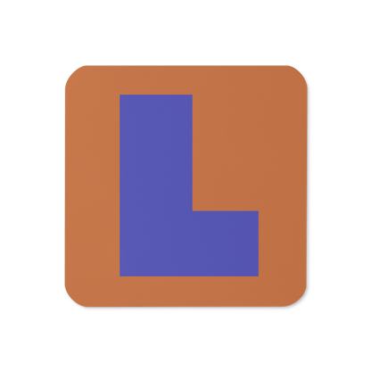 Cork-back coaster with a bold blue violet fat font L letter on a warm orange background, graphic modern design.