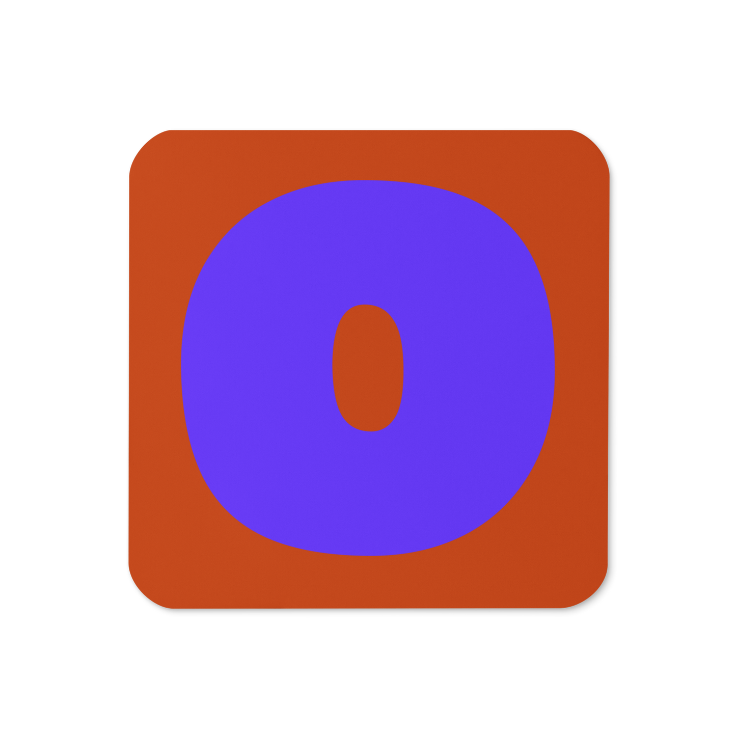 Cork-back coaster with a bold blue violet fat font O letter on a burnt orange background, graphic modern design.