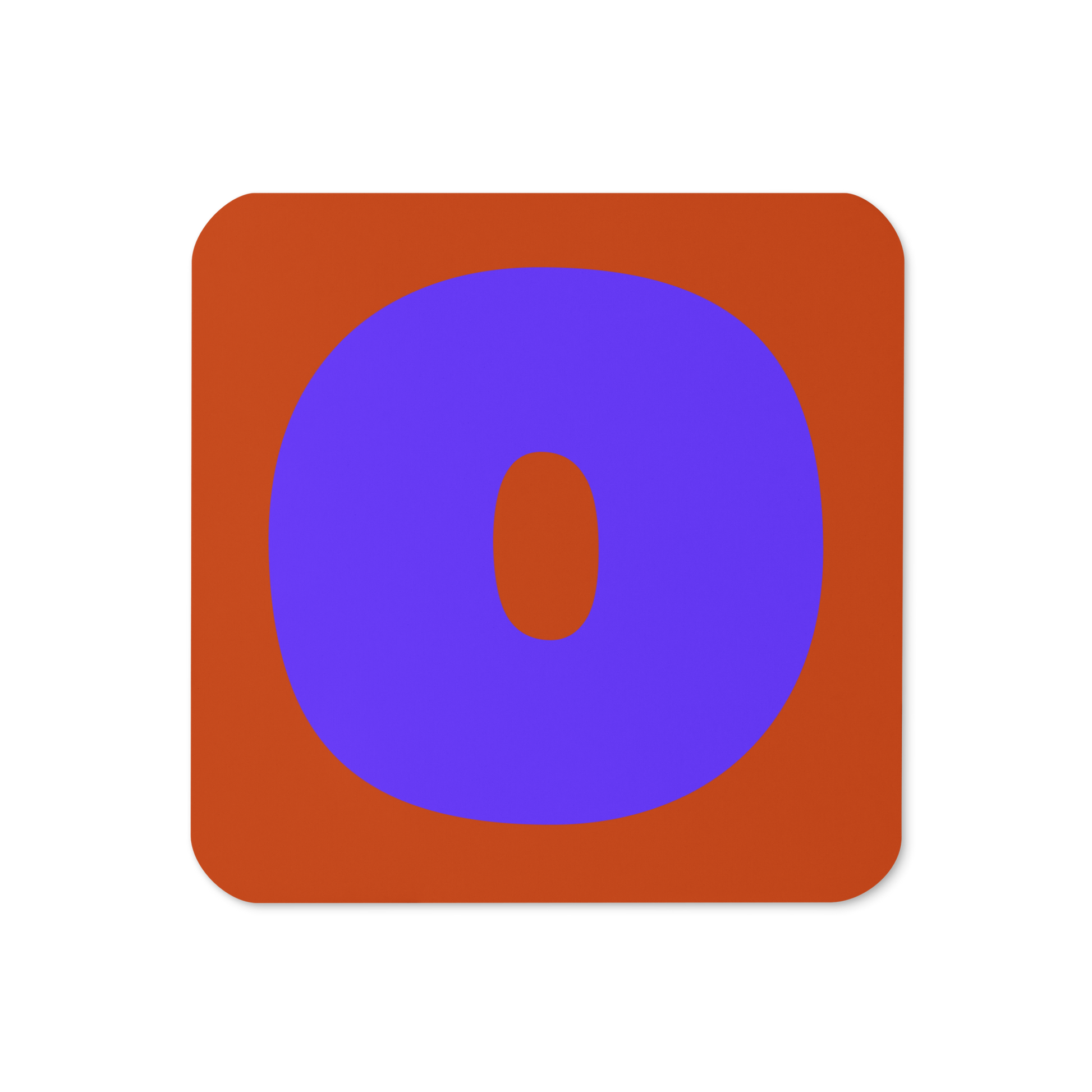 Cork-back coaster with a bold blue violet fat font O letter on a burnt orange background, graphic modern design.
