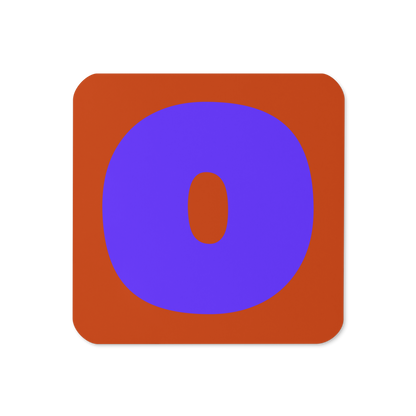Cork-back coaster with a bold blue violet fat font O letter on a burnt orange background, graphic modern design.