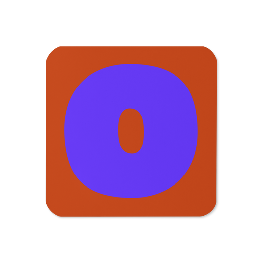 Cork-back coaster with a bold blue violet fat font O letter on a burnt orange background, graphic modern design.
