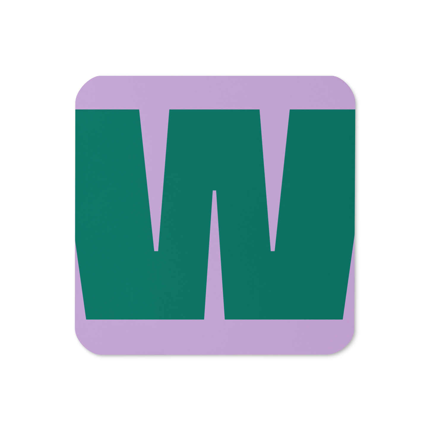 Cork-back coaster with a bold teal green fat font W letter on a lilac purple background, graphic modern design.
