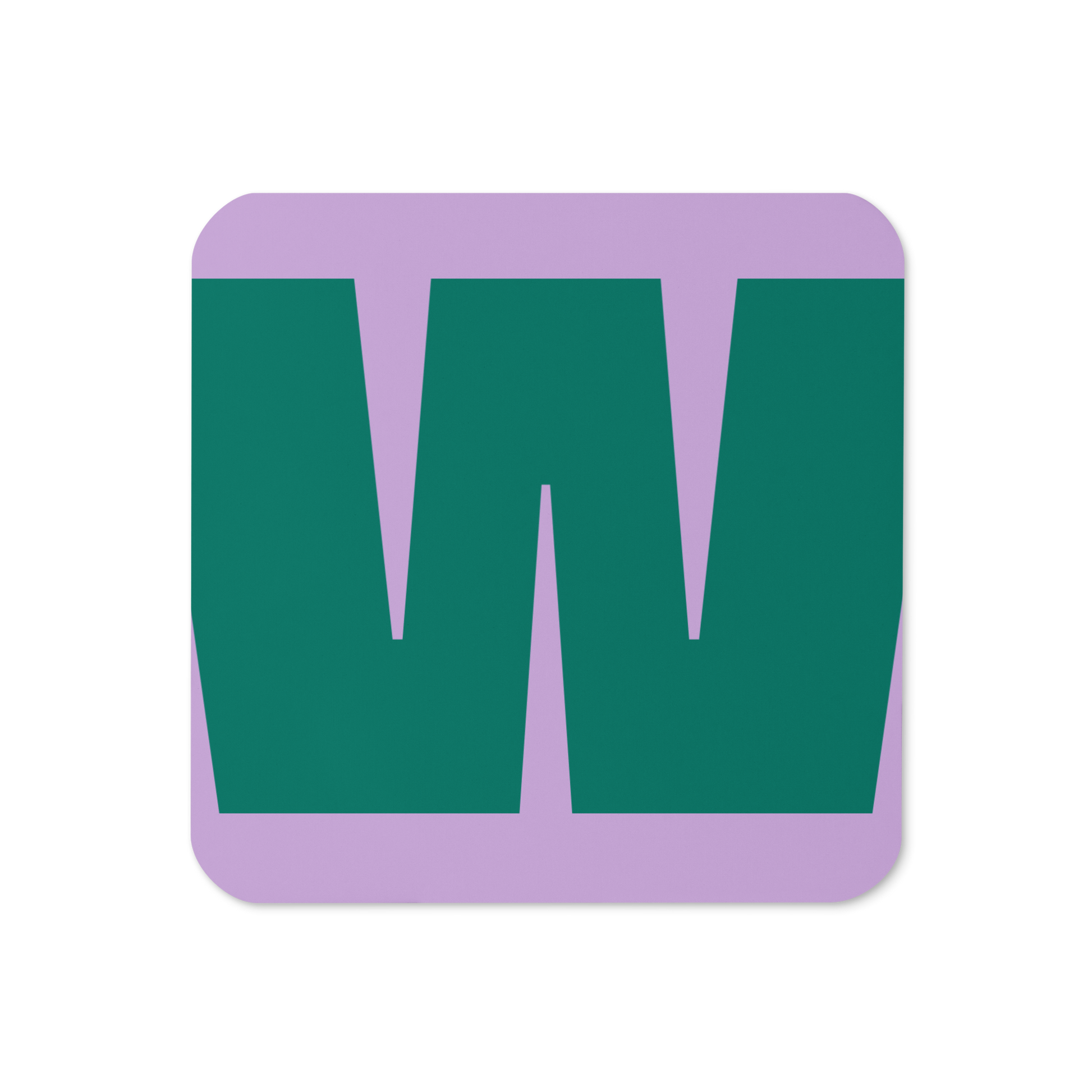 Cork-back coaster with a bold teal green fat font W letter on a lilac purple background, graphic modern design.