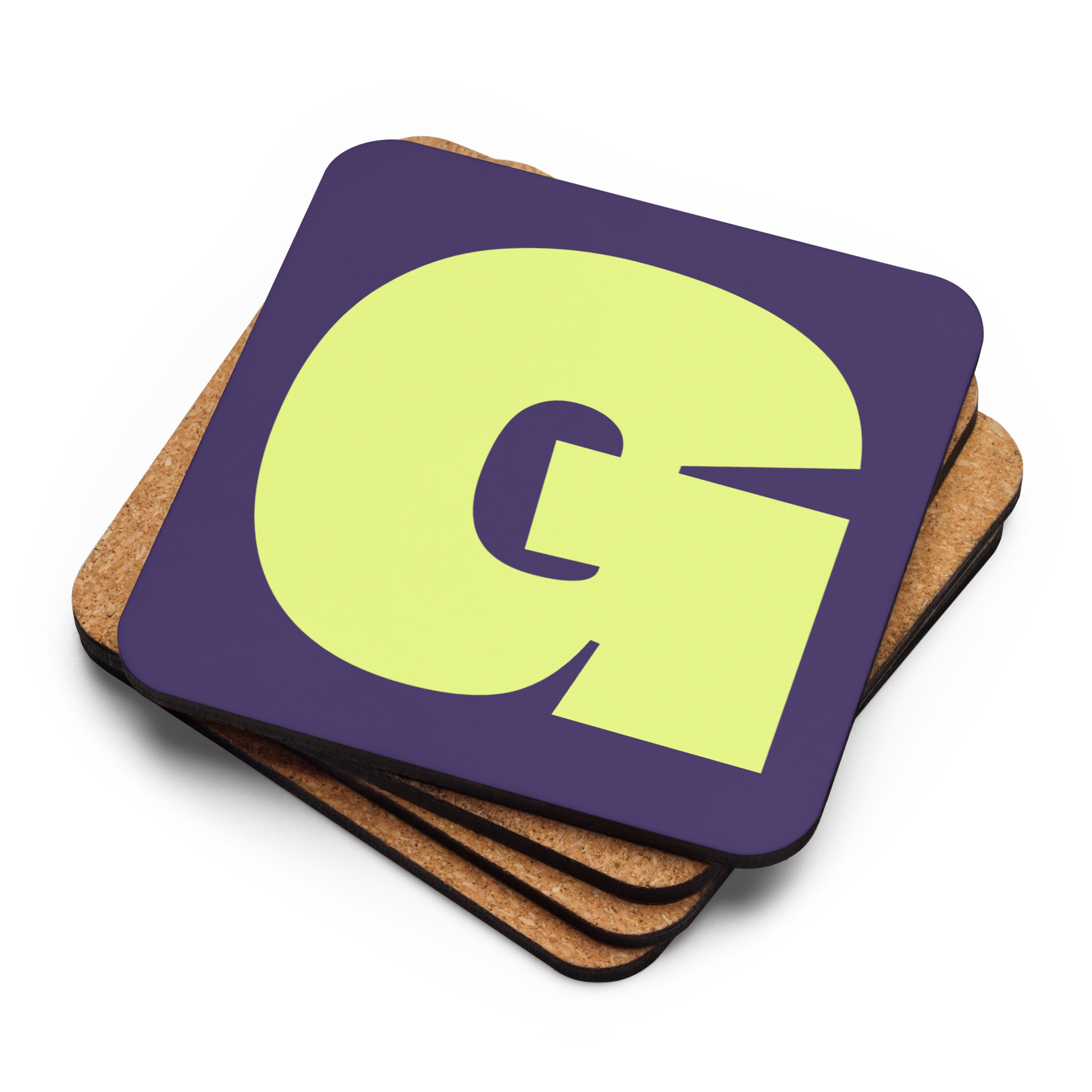 Four coasters stacked on top of each other, the top with a fat font neon yellow G on a purple background.