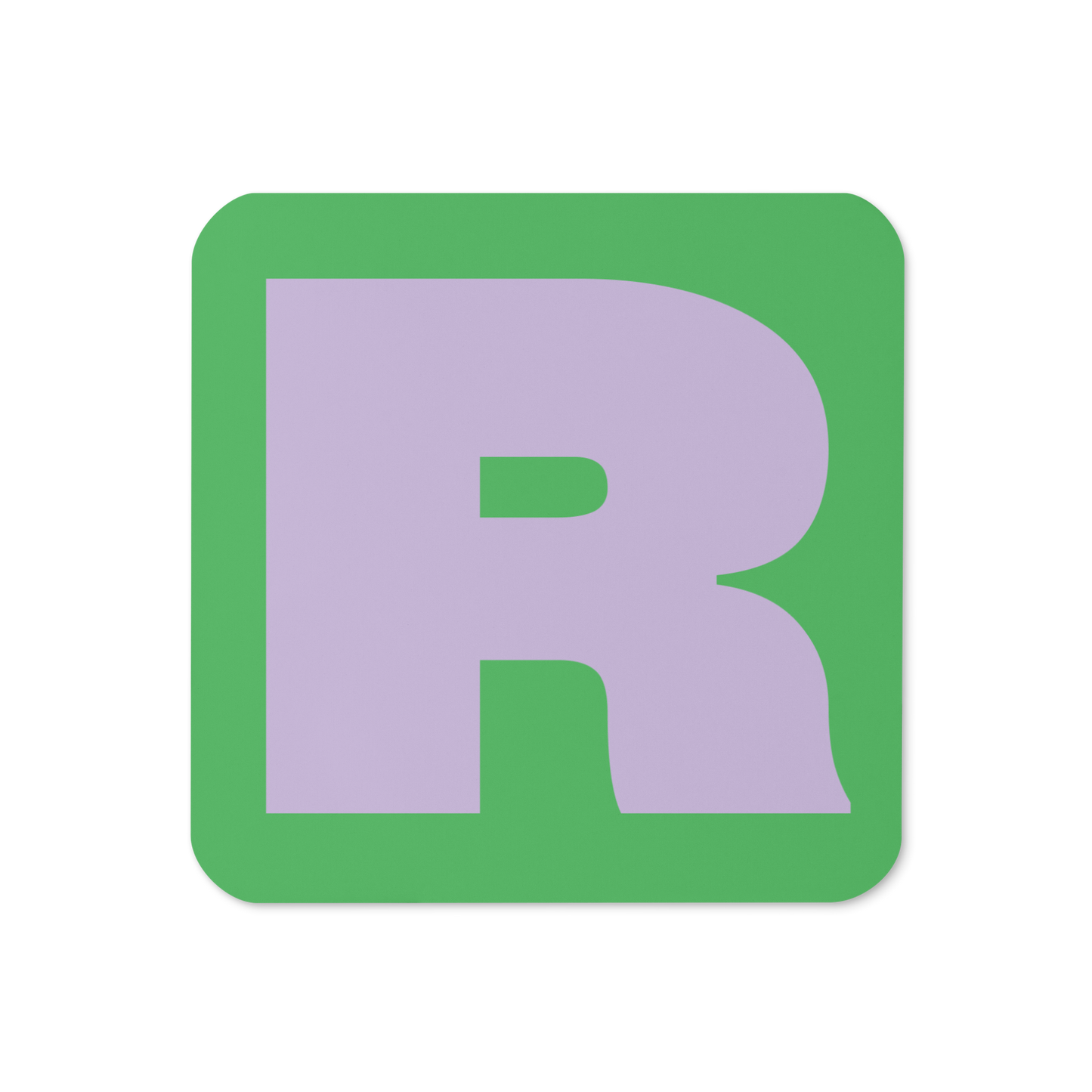 Cork-back coaster with a bold lilac purple fat font R letter on a mint green background, graphic modern design.