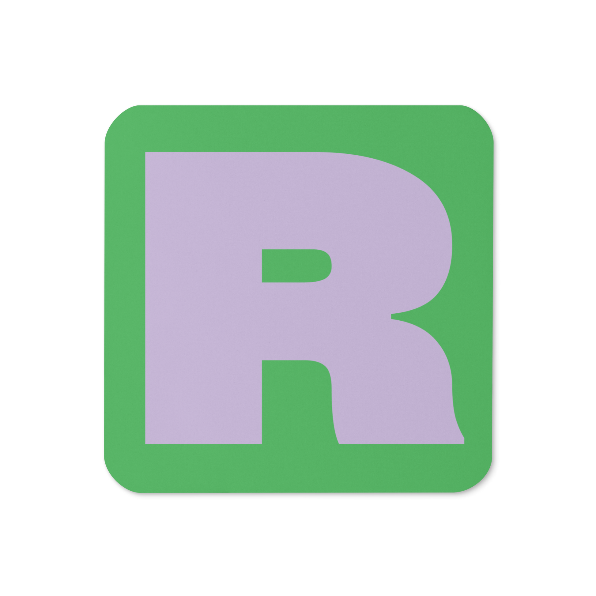 Cork-back coaster with a bold lilac purple fat font R letter on a mint green background, graphic modern design.