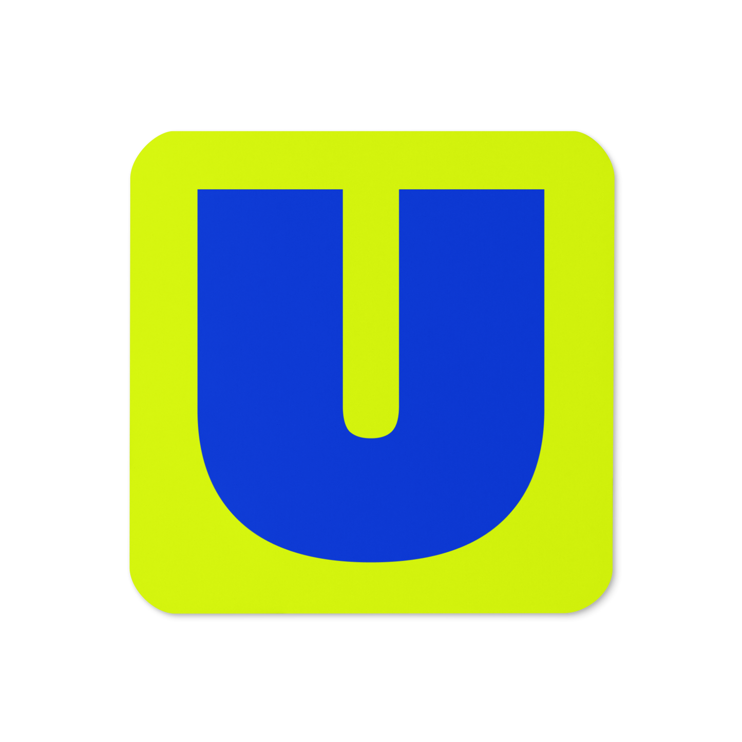 Cork-back coaster with a bold royal blue fat font U letter on a neon yellow background, graphic modern design.