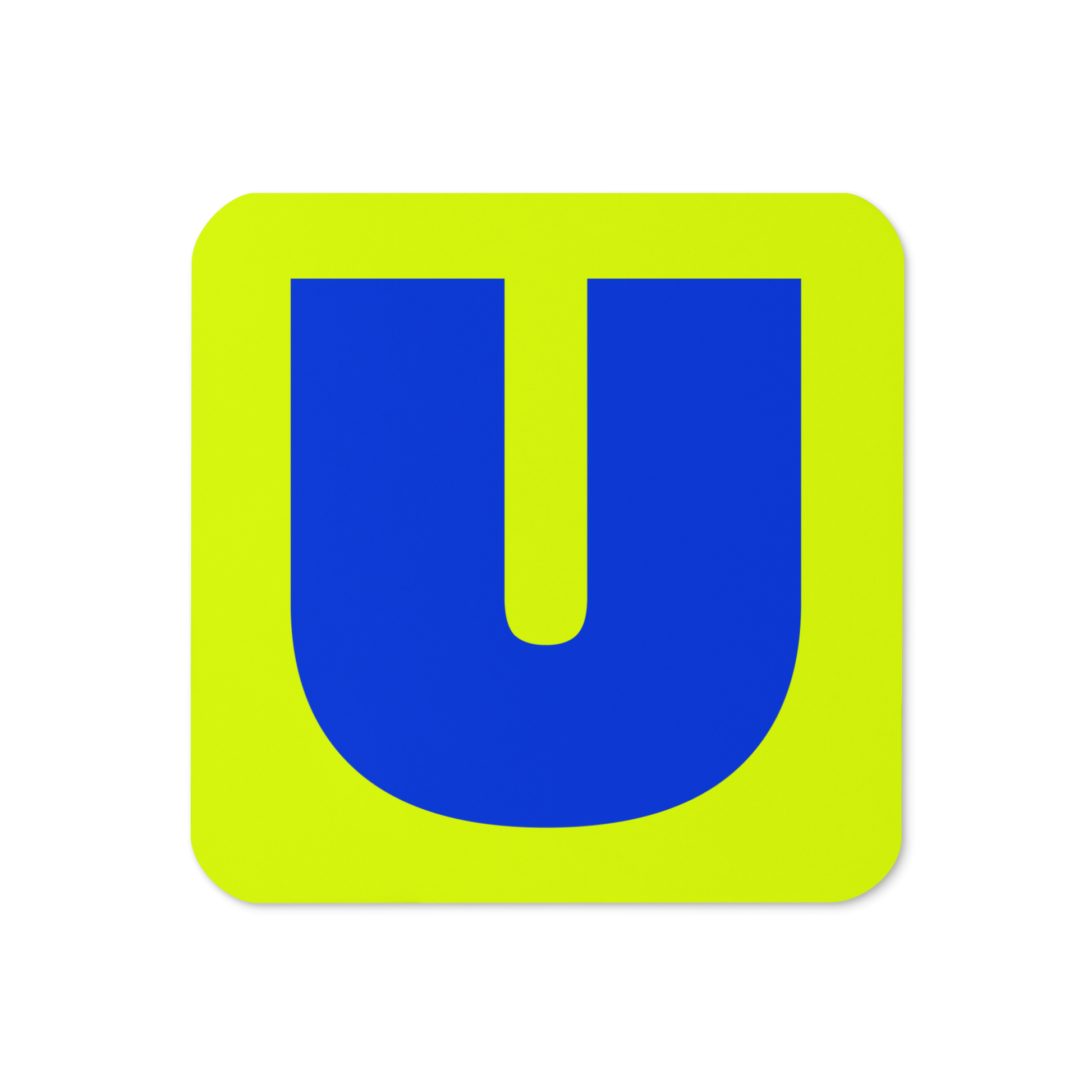 Cork-back coaster with a bold royal blue fat font U letter on a neon yellow background, graphic modern design.