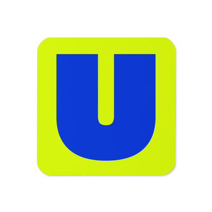Cork-back coaster with a bold royal blue fat font U letter on a neon yellow background, graphic modern design.