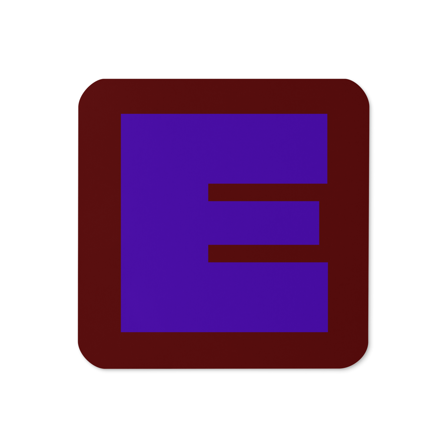 Cork-back coaster with a bold blue violet fat font E letter on a deep red background, graphic modern design.