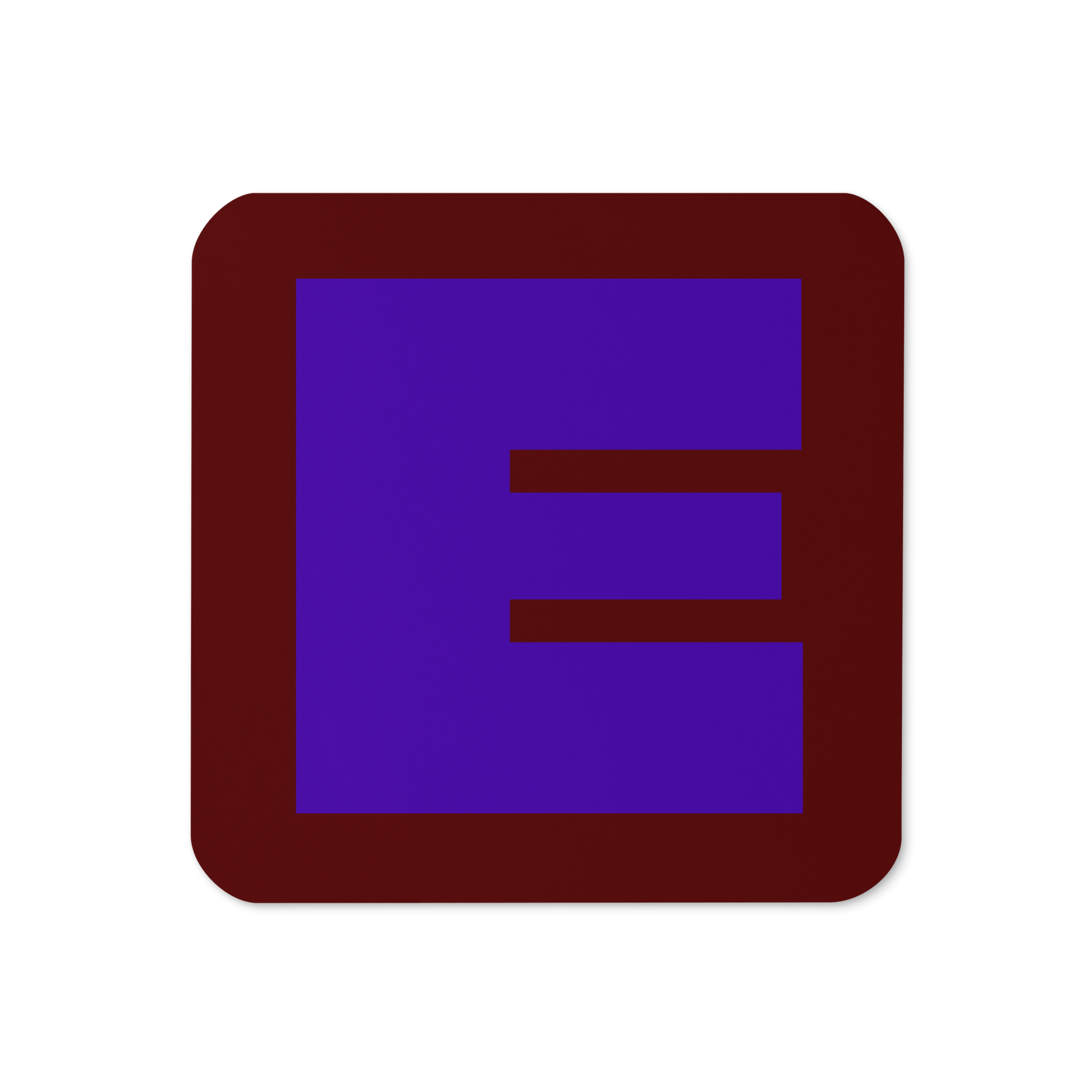 Cork-back coaster with a bold blue violet fat font E letter on a deep red background, graphic modern design.