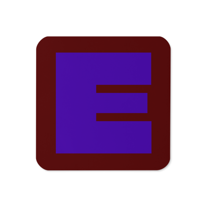 Cork-back coaster with a bold blue violet fat font E letter on a deep red background, graphic modern design.