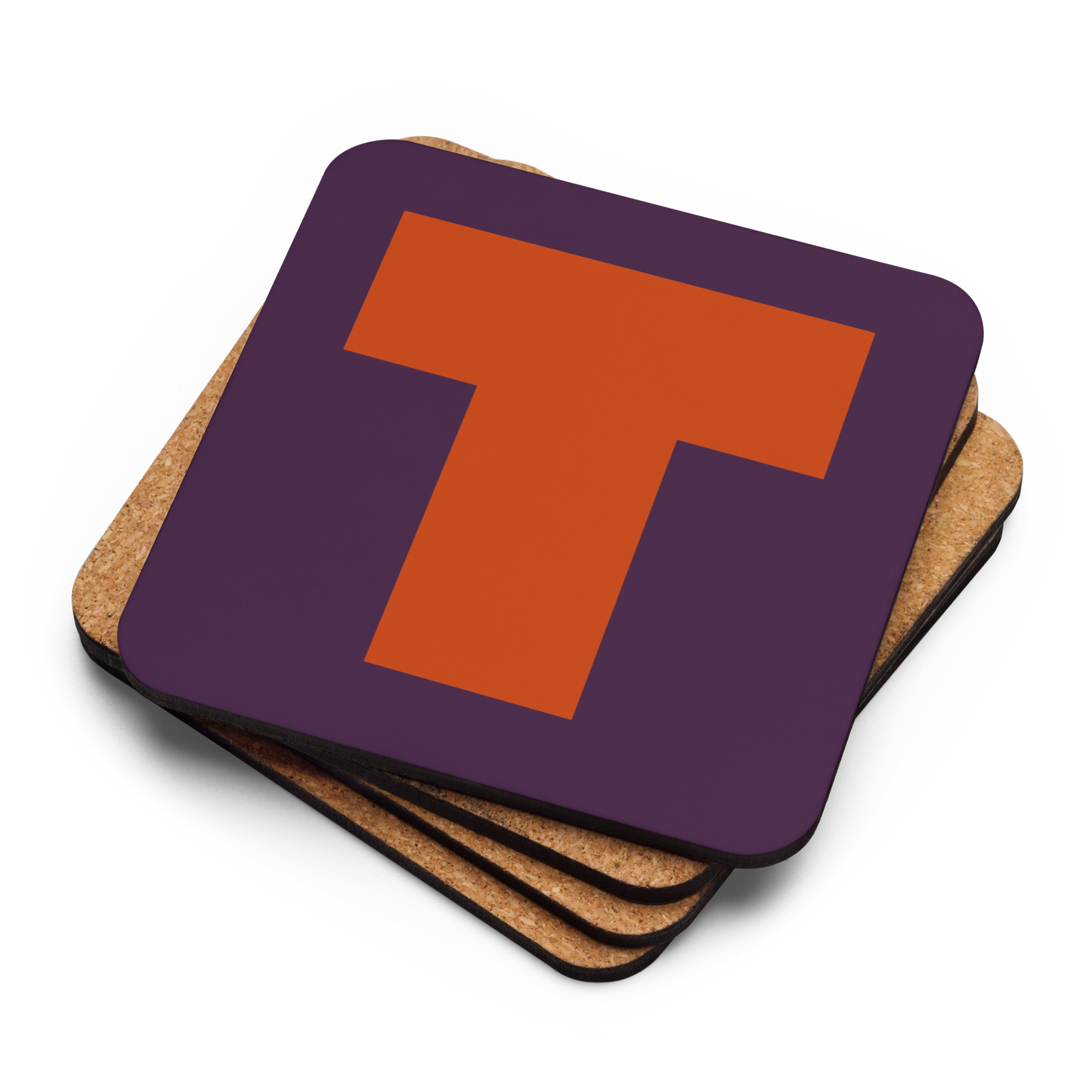 Four coasters stacked on top of each other, the top with a fat font large orange T on a purple background.